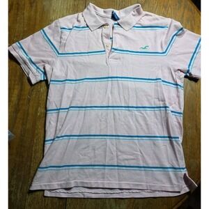Y2K HOLLISTER Mens Striped Polo Shirt Logo Pink Blue Preppy Skater Surf